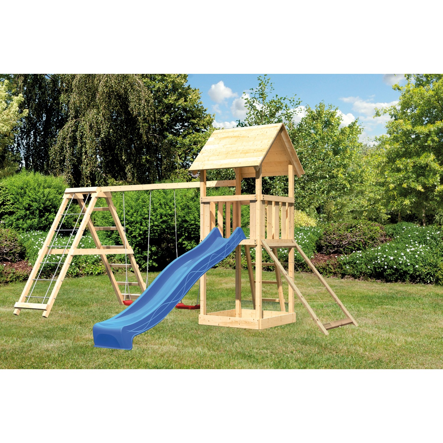 Karibu Spielturm Lotti mit Doppelschaukel, Netzrampe, Klettergerüst&Rutsche Blau Karibu Spielturm Lotti mit Doppelschaukel, Netzrampe, Klettergerüst&Rutsche Blau von Karibu