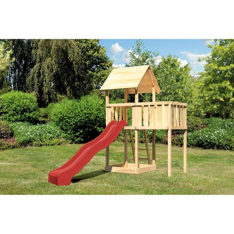 Karibu Spielturm Lotti mit Satteldach, Anbauplattform & Rutsche Rot von Karibu