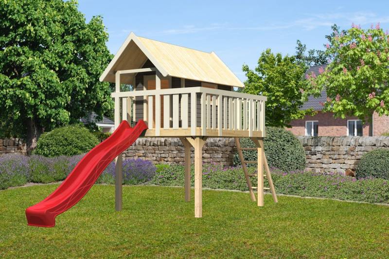 Akubi Steltzenhaus Fidel mit Satteldach inkl. Wellenrutsche terragrau rot von Karibu