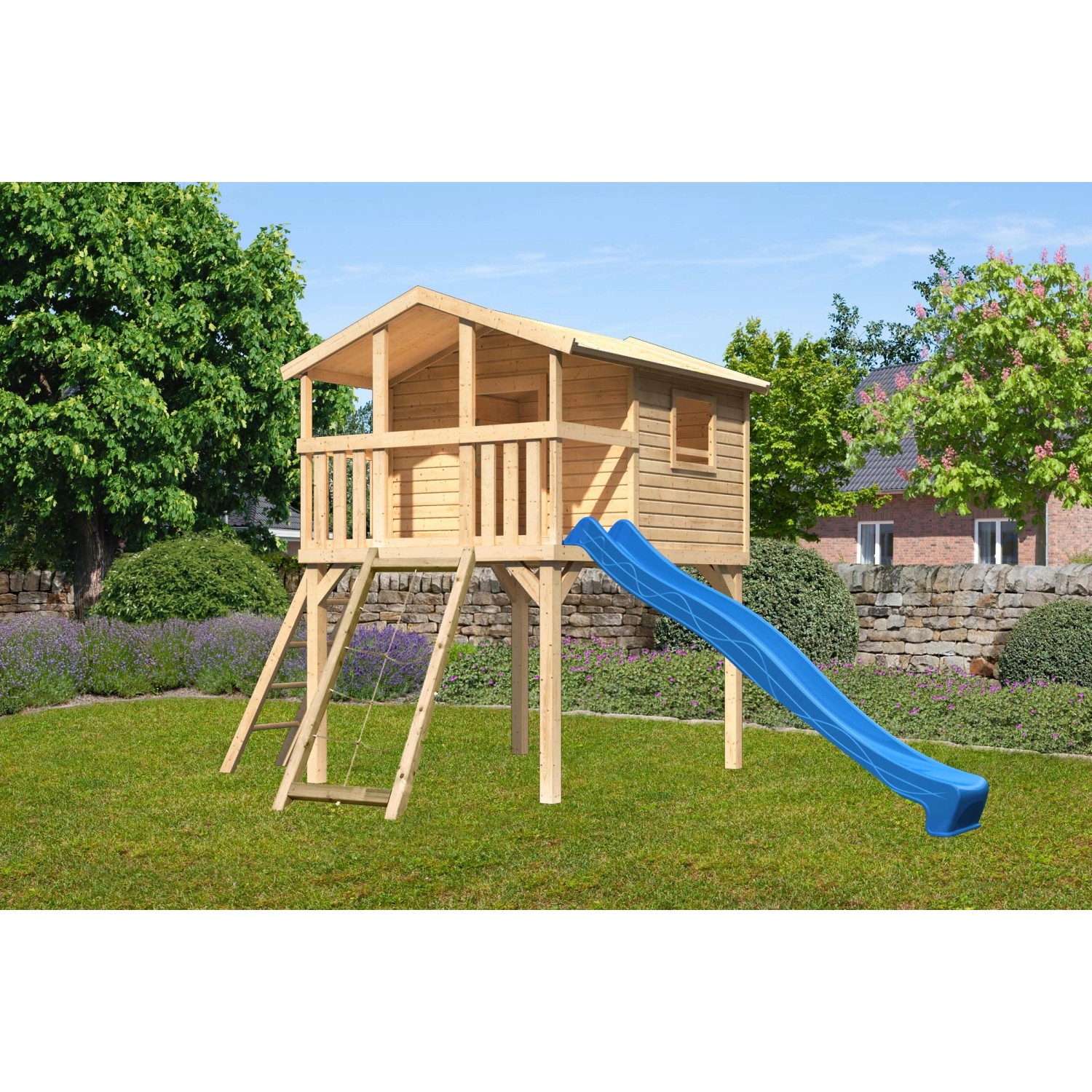 Karibu Stelzenhaus Benjamin Naturbelassen mit Leiter, Netzrampe & Rutsche Blau Karibu Stelzenhaus Benjamin Naturbelassen mit Leiter, Netzrampe & Rutsche Blau von Karibu
