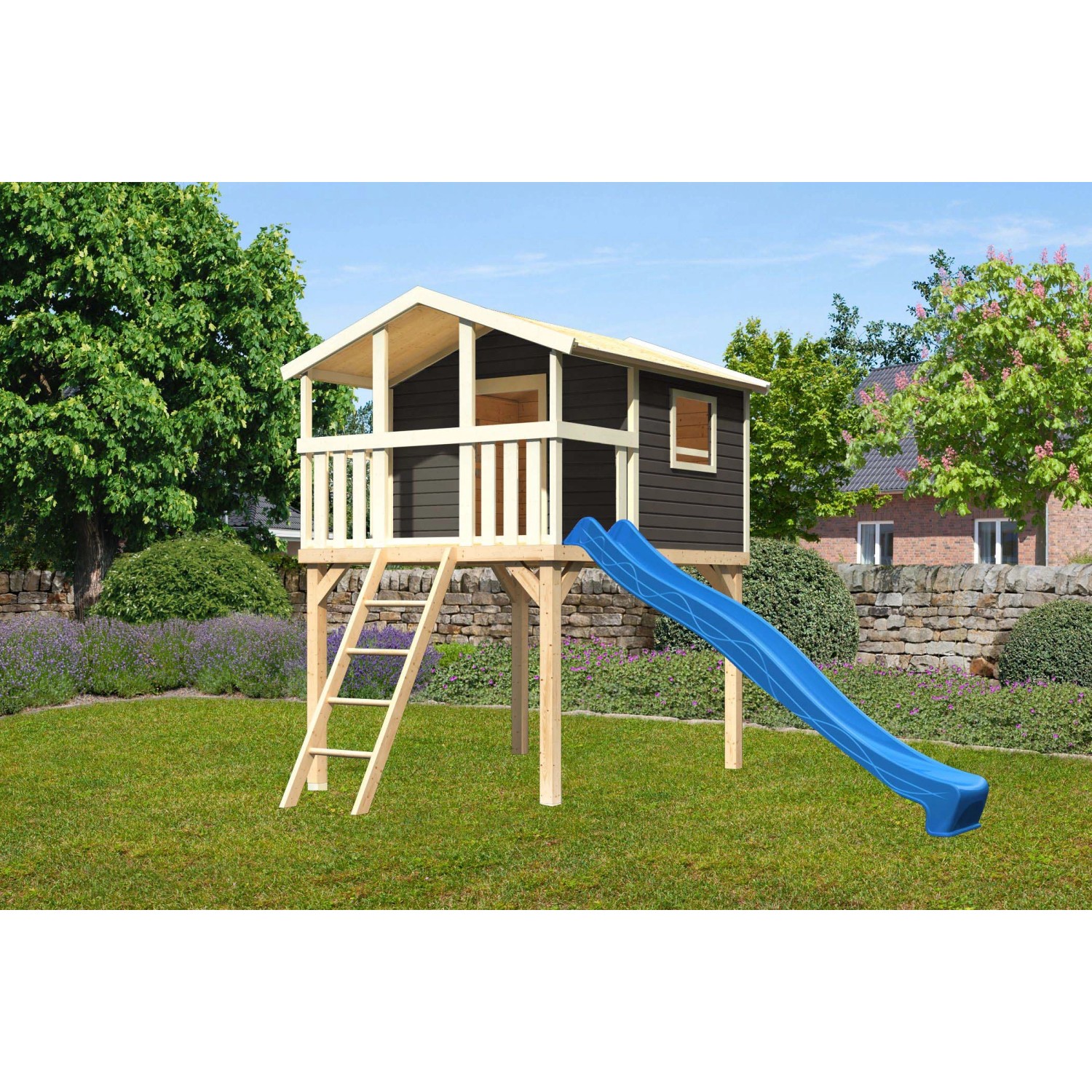 Karibu Stelzenhaus Benjamin Terragrau mit Holzleiter & Rutsche Blau Karibu Stelzenhaus Benjamin Terragrau mit Holzleiter & Rutsche Blau von Karibu