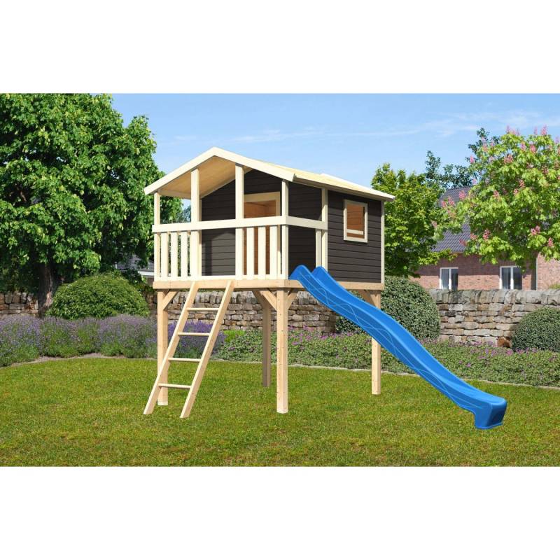 Karibu Stelzenhaus Benjamin Terragrau mit Holzleiter & Rutsche Blau von Karibu