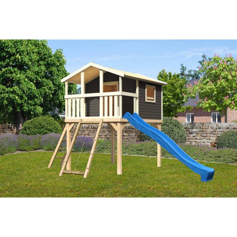 Karibu Stelzenhaus Benjamin Terragrau mit Leiter, Netzrampe & Rutsche Blau von Karibu