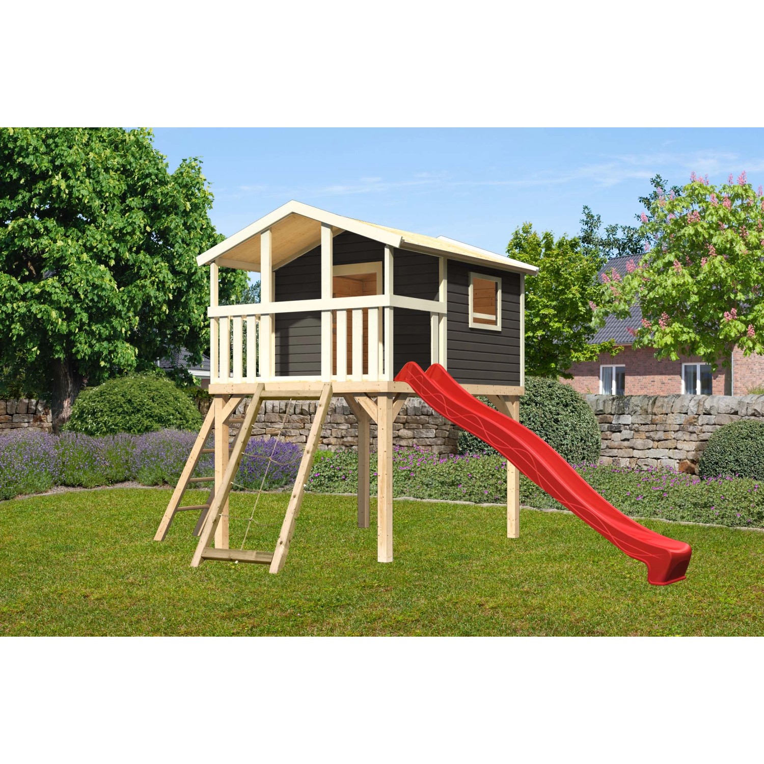 Karibu Stelzenhaus Benjamin Terragrau mit Leiter, Netzrampe & Rutsche Rot Karibu Stelzenhaus Benjamin Terragrau mit Leiter, Netzrampe & Rutsche Rot von Karibu