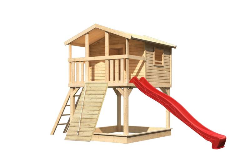 Akubi Stelzenhaus Benjamin mit Rutsche und Holzrampe naturbelassen rot von Karibu