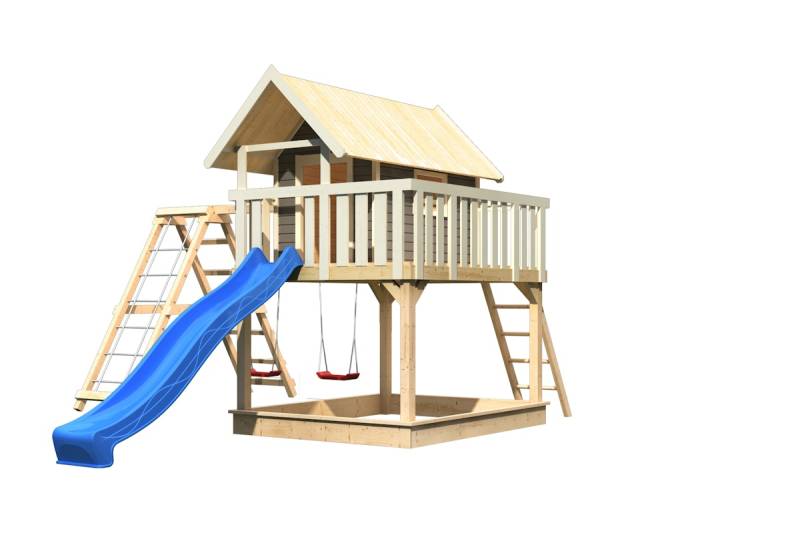 Akubi Stelzenhaus Fidel mit Satteldach inkl. Wellenrutsche und Doppelschaukelanbau mit Klettergerüst und Netzrampe terragrau Blau von Karibu