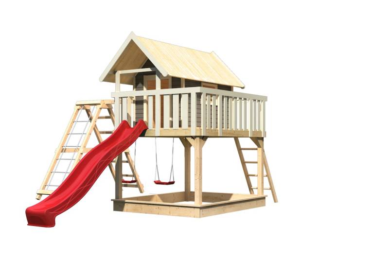 Akubi Stelzenhaus Fidel mit Satteldach inkl. Wellenrutsche und Doppelschaukelanbau mit Klettergerüst und Netzrampe terragrau rot Akubi Stelzenhaus Fidel mit Satteldach inkl. Wellenrutsche und Doppelschaukelanbau mit Klettergerüst und Netzrampe terragrau rot von Karibu