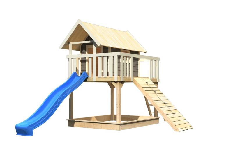 Akubi Stelzenhaus Fidel mit Satteldach inkl. Wellenrutsche und Holzrampe terragrau blau von Karibu