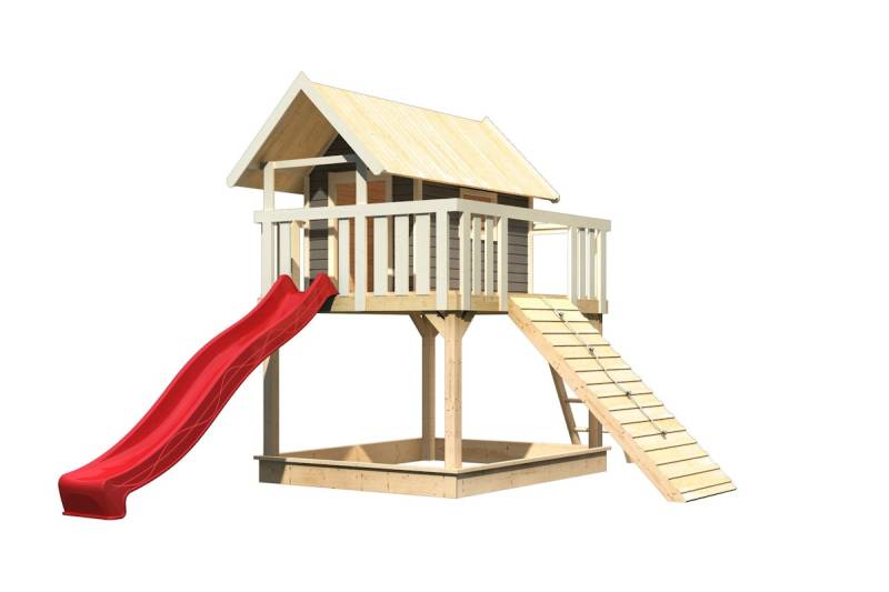 Akubi Stelzenhaus Fidel mit Satteldach inkl. Wellenrutsche und Holzrampe terragrau rot von Karibu