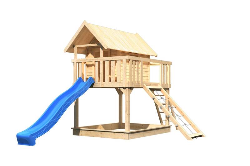 Akubi Stelzenhaus Fidel mit Satteldach inkl. Wellenrutsche und Netzrampe naturbelassen blau von Karibu