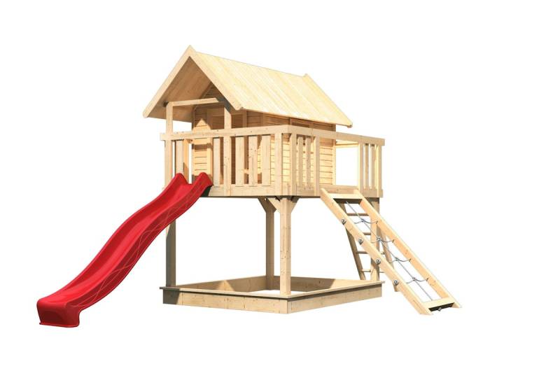 Akubi Stelzenhaus Fidel mit Satteldach inkl. Wellenrutsche und Netzrampe naturbelassen rot von Karibu