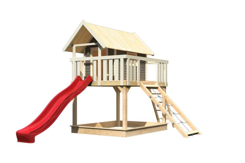 Akubi Stelzenhaus Fidel mit Satteldach inkl. Wellenrutsche und Netzrampe terragrau rot von Karibu