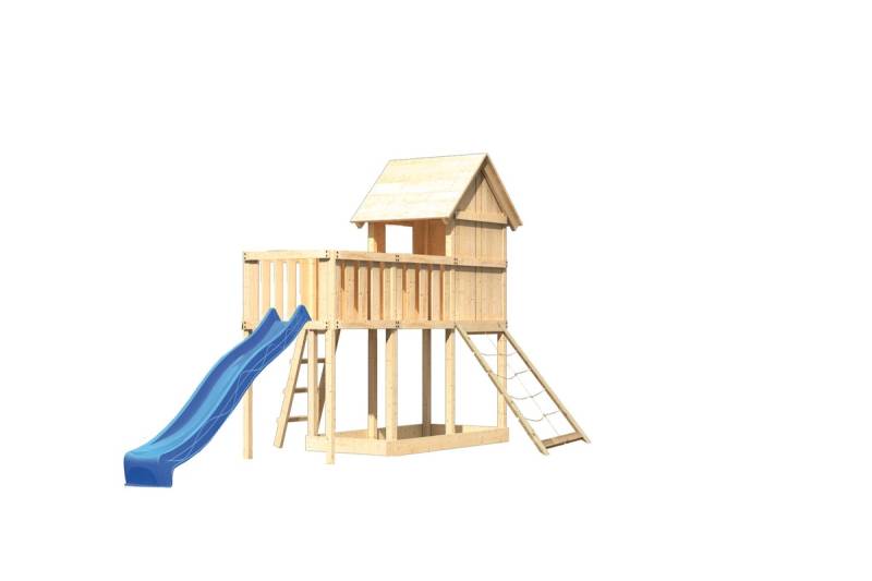 Akubi Stelzenhaus Frieda mit Wellenrutsche, Anbauplattform und Netzrampe blau von Karibu