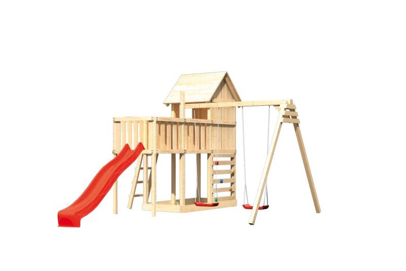 Akubi Stelzenhaus Frieda mit Wellenrutsche, Doppelschaukelanbau, Anbauplattform und Kletterwand rot von Karibu