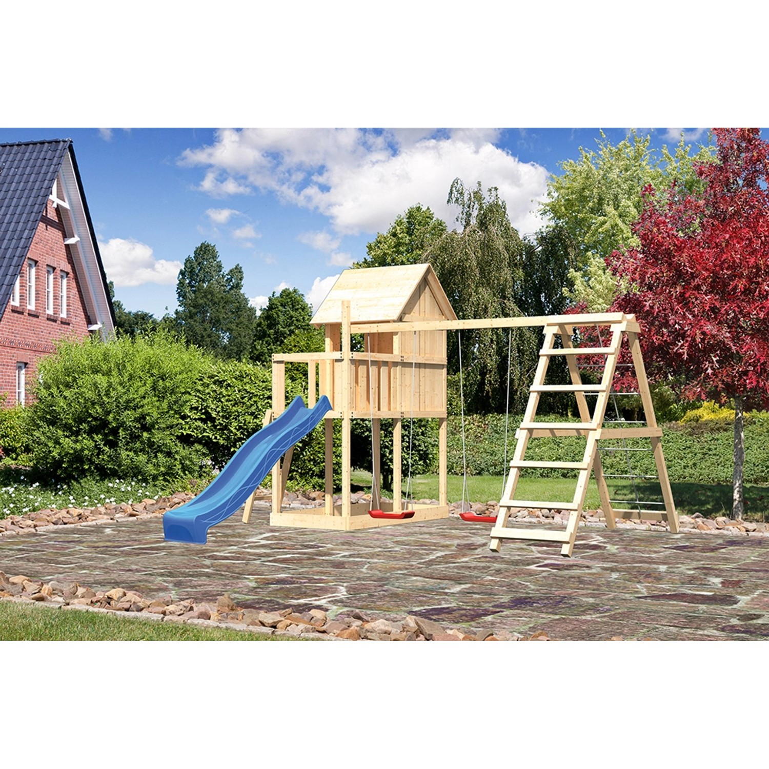 Karibu Kinderspielhaus Frieda Set Aktion 2naturb. Anbau Dop. Kletterg. Rut. Blau von Karibu