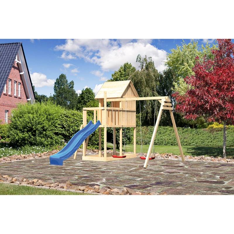 Karibu Kinderspielhaus Frieda Set Aktion 2 naturb. Anbau Doppels. Rutsche Blau von Karibu