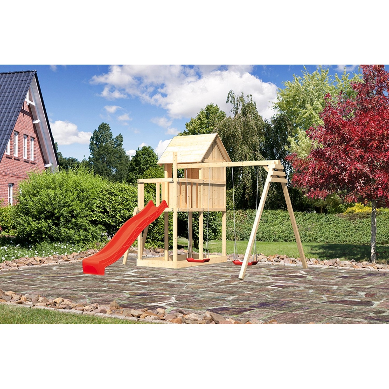 Karibu Kinderspielhaus Frieda Set Aktion 2 naturb. Anbau Doppels. Rutsche Rot von Karibu