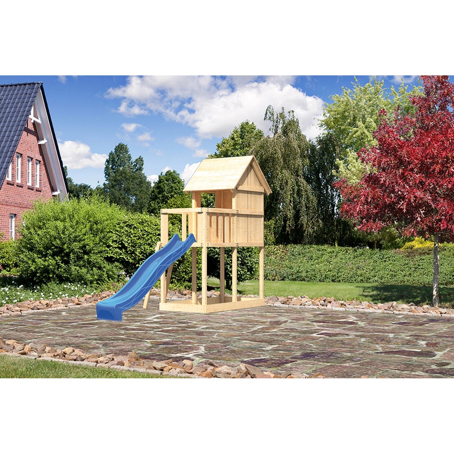 Karibu Kinderspielhaus Frieda Set Aktion 2 naturb. m. Anbau u. Rutsche Blau von Karibu