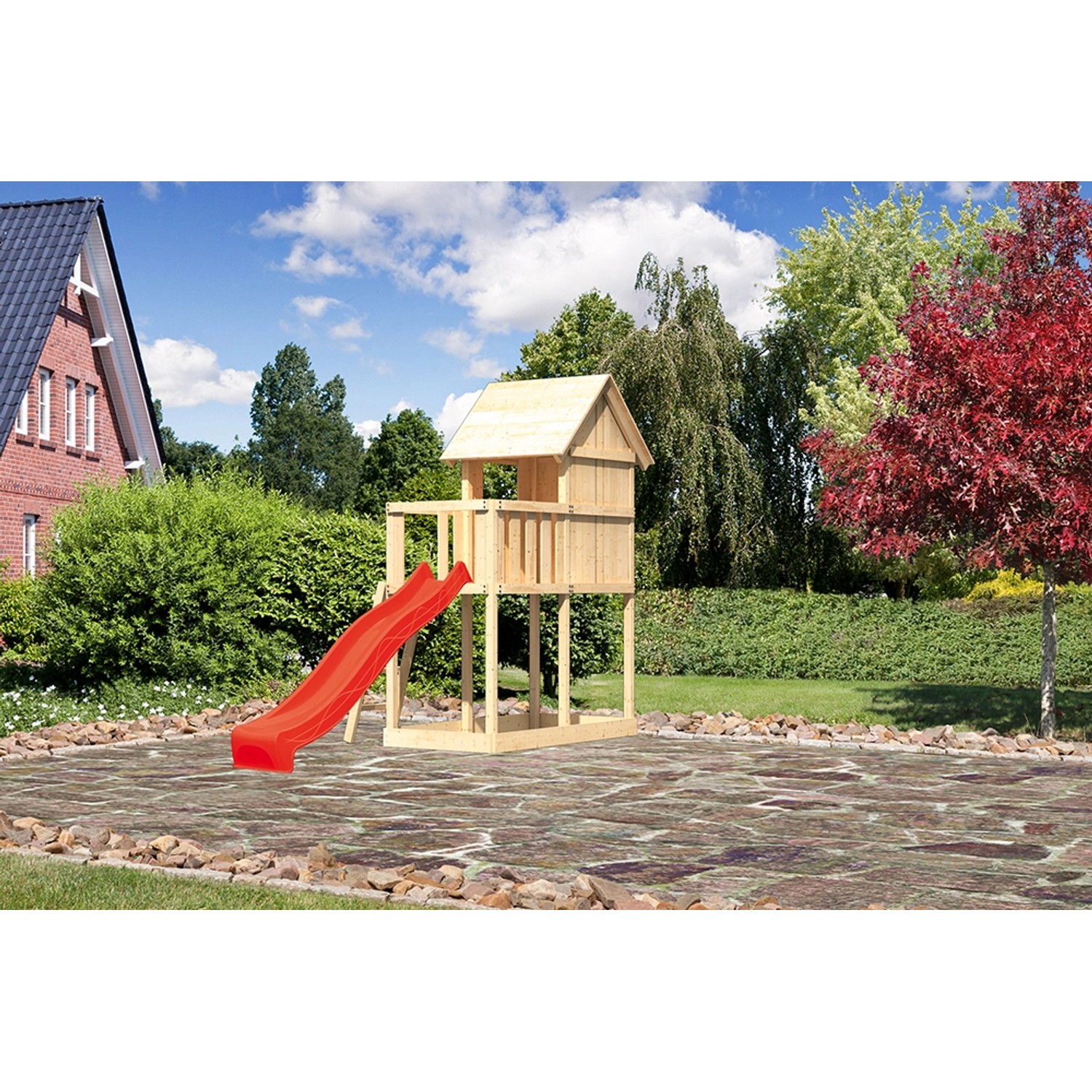 Karibu Kinderspielhaus Frieda Set Aktion 2 naturb. m. Anbau u. Rutsche Rot von Karibu