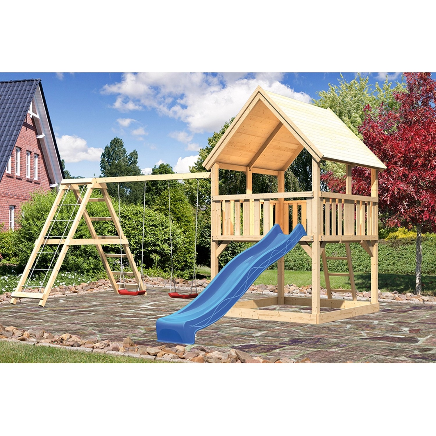 Karibu Spielturm Luis Satteldach Set naturb. Doppels. Kletterg. u. Rutsche Blau Karibu Spielturm Luis Satteldach Set naturb. Doppels. Kletterg. u. Rutsche Blau von Karibu