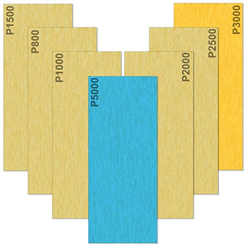 Akuoly Nassschleifpapier 35 Blatt Set 5000 3000 2500 2000 1500 1000 800 Körnung Schleifblätter Nass und Trocken für Auto Holzmöbel Stein Lack Metall Glas, 9,3x23cm pro Blatt von Akuoly