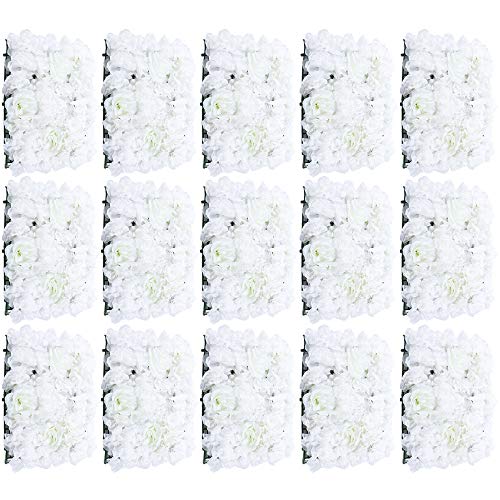 Akuoyiexemye 6/9/12/15-Stücke Künstliche Blumenwand Panel 60×40cm, DIY Seidenblumen Kunstblumen Weiß Rose+ Dahlie für Hochzeit Dekor Party Hintergrund (15) von Akuoyiexemye