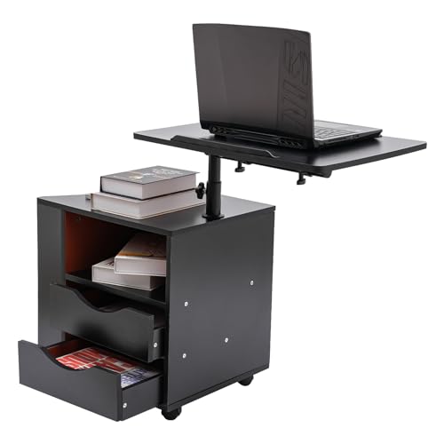 Akuoyiexemye Drehbarer Nachttisch mit Schubladen+Rädern+Offenem Regal, Multifunktionales Betttisch Laptoptisch Hochverstellbar 70-90cm (Schwarz) von Akuoyiexemye
