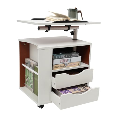 Akuoyiexemye Drehbarer Nachttisch mit Schubladen+Rädern+Offenem Regal, Multifunktionales Betttisch Laptoptisch Hochverstellbar 70-90cm (Weiß) von Akuoyiexemye