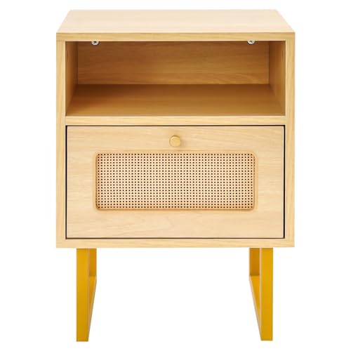 Akuoyiexemye Nachttisch mit Schublade, Beistelltisch mit 1 Schublade und 1 Offenem Fach, Beistelltisch mit Rattan-Design für den Einsatz in Schlafzimmern 15,35 * 11,42 * 22,24 Zoll (Naturholzfarbe) von Akuoyiexemye