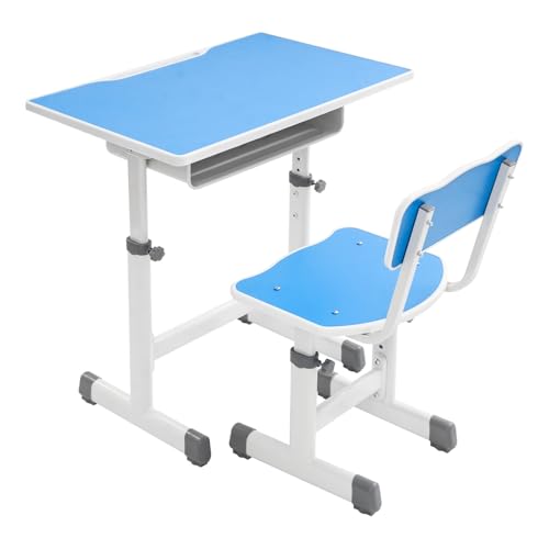 Kinderschreibtisch Stuhl Höhenverstellbar, Verstellbarer Schreibtisch und Stuhl, Schreibtisch-Set für Kinder Schreibtisches von 25,2 bis 29,9, Zoll Arbeitsfläche (27,6*19,7 Zoll) (Blau) von Akuoyiexemye