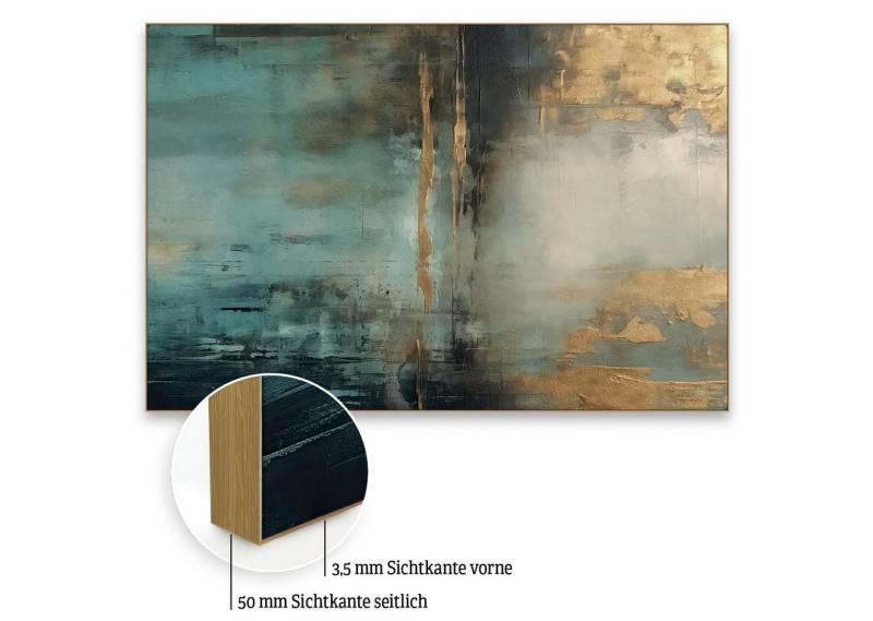 Akustikbild-Manufaktur Bild mit Rahmen Abstraktes Akustikbild „Türkis mit Gold II“ als Schallabsorber, Schallschutzbild mit sehr guten Schallabsorptions-Eigenschaften von Akustikbild-Manufaktur