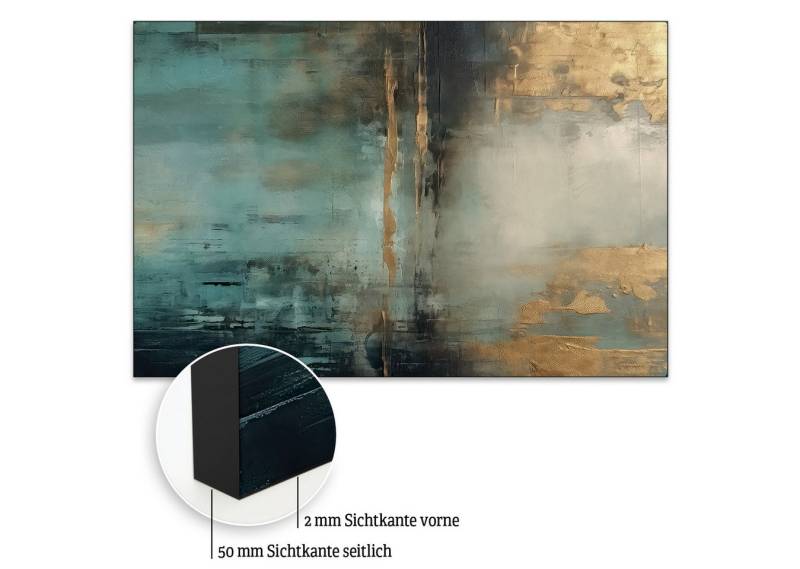 Akustikbild-Manufaktur Bild mit Rahmen Abstraktes Akustikbild „Türkis mit Gold II“ als Schallabsorber, Schallschutzbild mit sehr guten Schallabsorptions-Eigenschaften von Akustikbild-Manufaktur