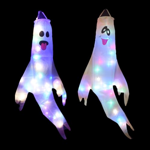 2 Halloween Deko Outdoor Innen mit Timer Beleuchtung, Hängend Geist Niedlich 120cm, Halloween Leuchtend Batterie Gruselig Geister Geschenk, für Garten (A, Timer, Nicht Wasserdicht) von Akxlax