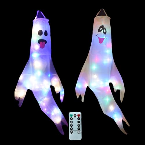 2 Halloween Deko Outdoor Innen mit Timer Beleuchtung, Hängend Geist Niedlich 120cm, Halloween Leuchtend Batterie Gruselig Geister Geschenk, für Garten (A, Timer, Wasserdicht) von Akxlax