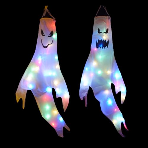 2 Halloween Deko Outdoor Innen mit Timer Beleuchtung, Hängend Geist Niedlich 120cm, Halloween Leuchtend Batterie Gruselig Geister Geschenk, für Garten (B, Timer, Nicht Wasserdicht) von Akxlax