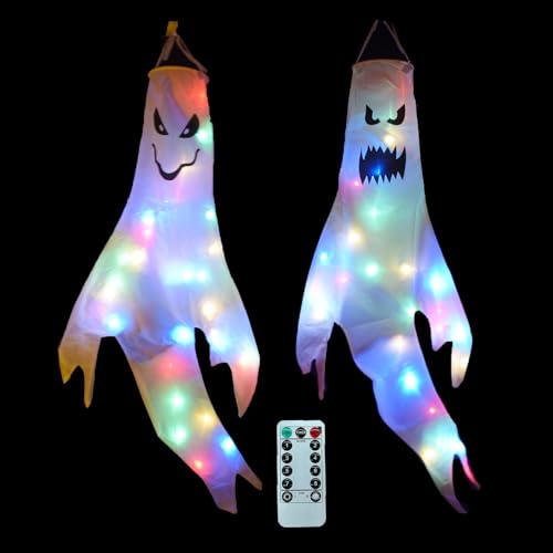 2 Halloween Deko Outdoor Innen mit Timer Beleuchtung, Hängend Geist Niedlich 120cm, Halloween Leuchtend Batterie Gruselig Geister Geschenk, für Garten (B, Timer, Wasserdicht) von Akxlax