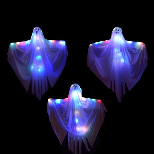 3 Halloween Deko Outdoor Innen mit Timer Beleuchtung, Hängend Geist Niedlich, Halloween Leuchtend Gruselig Geister Geschenk, für Garten Zimmer Haustür (Farbe) von Akxlax