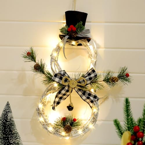 Türkranz Weihnachten Beleuchtet mit Timer, Weihnachtskranz Weihnachtsdeko Hängend, Fensterdeko Tür Kranz Weihnachten, Schneemann Deko (Grau) von Akxlax