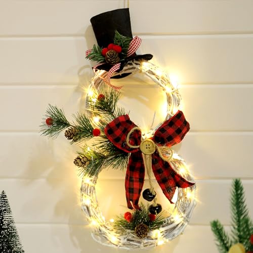 Türkranz Weihnachten Beleuchtet mit Timer, Weihnachtskranz Weihnachtsdeko Hängend, Fensterdeko Tür Kranz Weihnachten, Schneemann Deko (Rot) von Akxlax