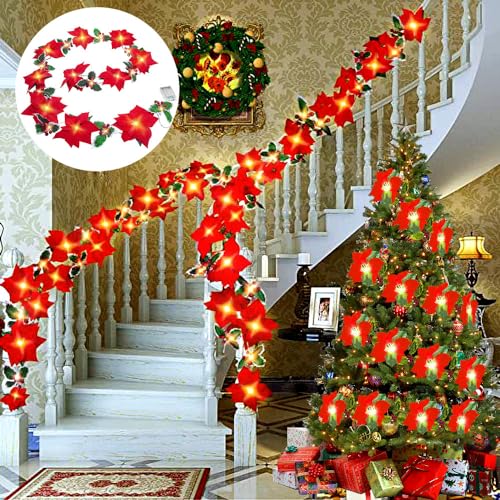 Weihnachtsgirlande Treppengeländer mit Beleuchtung und Timing, Kunstblumen Weihnachten Tannenbaum Girlande Beerengirlande Rot, Weihnachten Beleuchtet Garland Christmas, Weihnachtsdeko Kamin Tür 2m von Akxlax