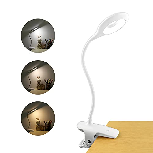 Akynite 3W Bettlampe Aufladbar ohne Kabel, 28 LEDs, Klein Leselampe Hochbett mit akku, Nachttischlampe Touch Dimmbar, 3 Farbwechsel und 3 Helligkeit, Mini LED Klemmleuchte für Stilllampe, Weiß von Akynite