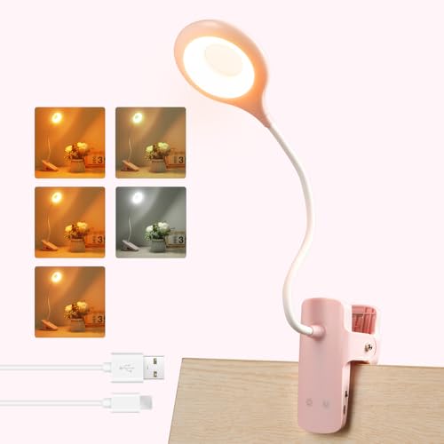 3W Leselampe Rosa mit akku, USB Aufladbare, Typ-C Ladung, 5 Farbwechsel und 5 Helligkeit, 28 LED Klemmlampe ohne Kabel, Bettlampe Touch Klemmbar, für Stilllampe Nachttischlampe von Akynite