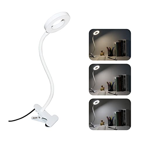 Akynite 48 LED Klemmleuchte mit 3 Farbwechsel und 10 Helligkeit, USB Schwanenhals Klemmlampe Flexibel mit Kabel, Leselampe Bett Kopfeil Klemme, Clip on LED Schreibtischlampe Weiss von Akynite