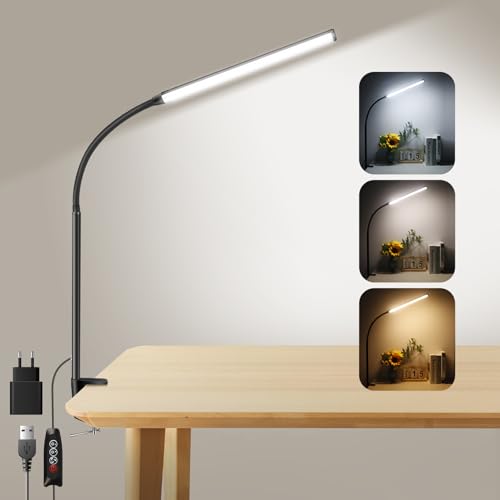 Akynite 54 LED Schreibtischlampe Klemmbar, Adapter Enthalten, 3 Farbwechsel & 10 Helligkeit, USB Klemmlampe mit Schalter, Schreibtisch Schwanenhals Lampe Klemme, Schwarz von Akynite