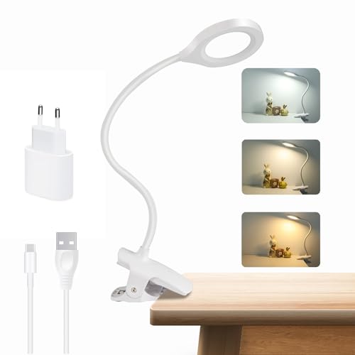 Akynite Bett Leselampe Klemmbar, USB Aufladbar ohne Kabel, 1050LM, 8W Bettlampe mit akku, 3 Farbwechsel und 3 Helligkeit, Schreibtischlampe Touch Dimmbar, Klemmlampe für Bett, Weiß von Akynite