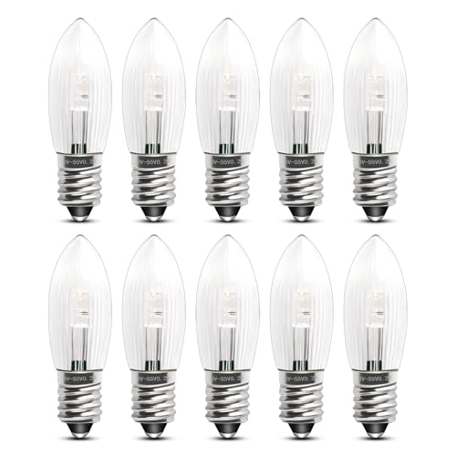 Akynite E10 0.2W LED Ersatzlampen für Schwibbogen, AC 10-55V Glühbirnen Topkerze Riffelkerze Warmweiß 2200K Dimmbar für Lichterkette, E10 LED Kerzen Klar für Lichterbogen Pyramide, 10er-Pack von Akynite