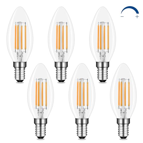 Akynite Glühbirne Kerzenform E14 Dimmbar Warmweiß 2700K, 400LM, AC 230V, C35 E14 4W Retro Filament LED Ersatz E14 40W, Deko E14 Kerze LED Dimmbar Klar Warmweiss, 6er-Set von Akynite