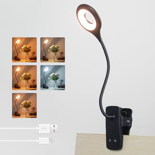 3W Leselampe am Bett Aufladbar Klemmbar, Typ-C Ladung, 5 Farbwechsel & 5 Helligkeit, Bettlampe mit akku, 28 LED Klemmlampe Touch Dimmbar, für Nachttischlampe Stilllampe, Schwarz von Akynite