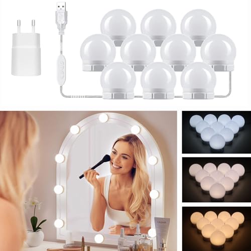Akynite Spiegelleuchte Hollywood 10 LED Birnes mit Adapter, 3 Farbwechsel & 10 Helligkeit, Spiegellampe USB mit Schalter und Kabel, Spiegel Beleuchtung Dimmbar für Schminktisch Kosmetikspiegel von Akynite