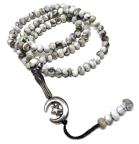 Islam Gebet Tasbih 99 Perlen AMN-303 Muslim 8mm Rosenkranz Perle Mond Stern Verzierte Quasten Haj Eid Ramadan Geschenk (Grau) von Al-Ameen Muslim Gift
